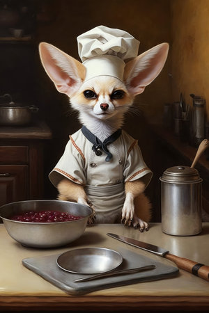 Image of small dog wearing chef's hat and sitting in front of bowl of cranberry sauce. Generative AI.の素材