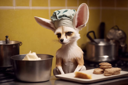 Small dog wearing chef's hat sitting next to pan of food. Generative AI.の素材