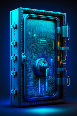 Close up of metal door with blue light coming from the top of it. Generative AI.の素材
