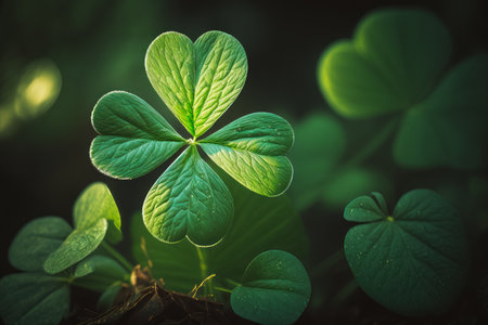 Four - leaf clover is shown in the middle of group of green leaves. Generative AI.の素材