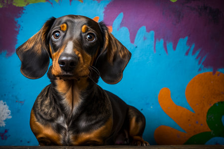 Dachshund dog sitting in front of colorful wall looking at the camera. Generative AI.の素材