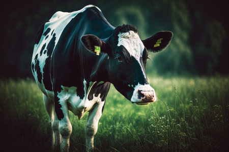 Black and white cow standing on top of lush green grass covered field with trees in the background. Generative AI.の素材