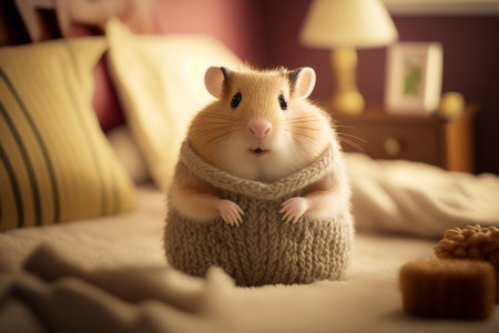Hamster in sweater on bed with lamp on the side of the bed. Generative AI.の素材
