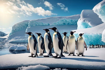 Group of penguins standing next to each other on ice floet with iceberg in the background. Generative AI.の素材