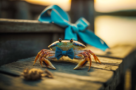 Crab with blue bow on it's head sitting on wooden table. Generative AI.の素材
