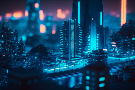 Model of city with skyscrapers and buildings lit up in blue and pink. Generative AI.の素材