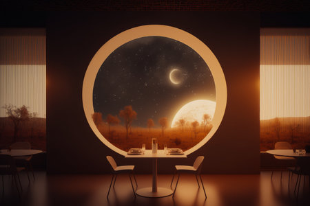 Dining room with table and chairs in front of window with view of the moon and stars. Generative AI.の素材