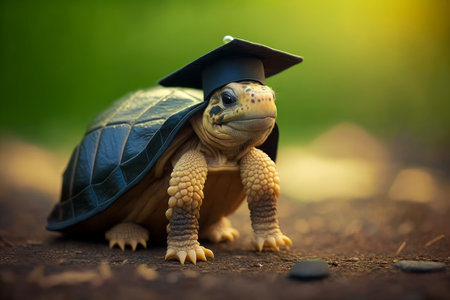 Tortoise wearing graduation hat on top of it's back legs. Generative AI.の素材