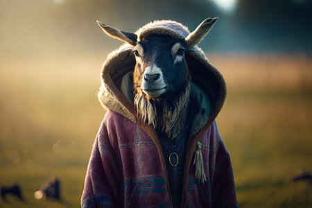 Goat wearing jacket with hoodie on it's head and hat on it's head. Generative AI.の素材