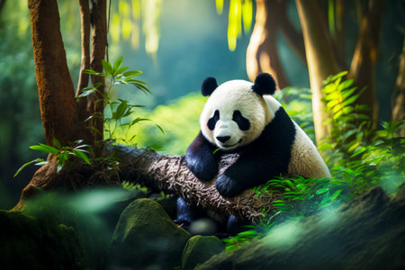 Panda bear sitting on top of tree branch in forest filled with green plants. Generative AI.の素材