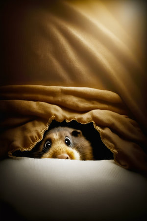 Hamster peeks out from under the covers of blanket on bed. Generative AI.の素材