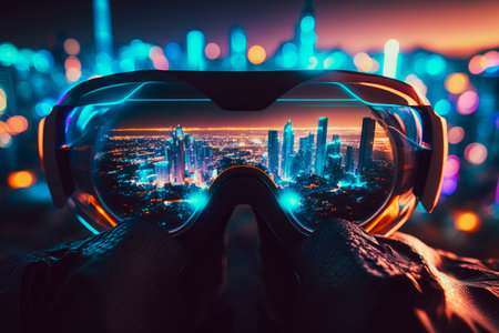Person wearing pair of ski goggles in front of cityscape. Generative AI.の素材