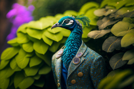 Figurine of peacock wearing blue suit and blue hat with feather on its head. Generative AI.の素材