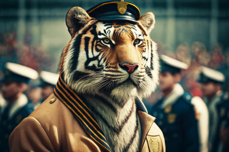 Close up of person wearing tiger costume and hat with people in the background. Generative AI.の素材