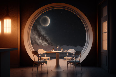 Round window with table and chairs in front of view of the moon and stars. Generative AI.の素材