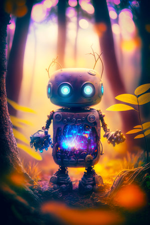Robot standing in the middle of forest with glowing light on its face. Generative AI.の素材