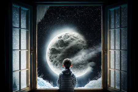 Boy looking out of window at full moon and stars in the sky. Generative AI.の素材