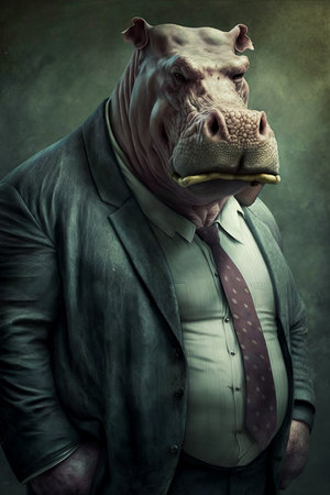 Man in suit and tie with hippopotamus in his mouth. Generative AI.の素材
