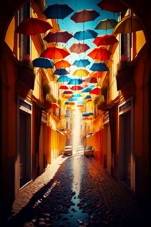 Image of street that has umbrellas hanging from the ceiling and cars parked on the side of the street. Generative AI.の素材