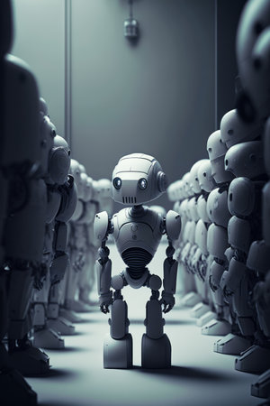 Robot that is standing in front of wall of other robot like objects in room. Generative AI.の素材