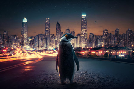 Penguin standing on the side of road in front of city at night. Generative AI.の素材