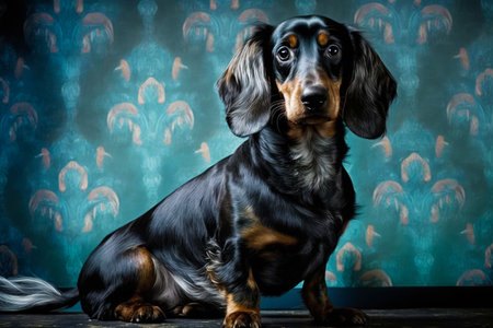 Black and brown dachshund sitting in front of wall with blue background. Generative AI.の素材