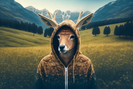 Deer wearing hoodie in field of grass with mountains in the background. Generative AI.の素材