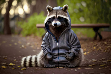Raccoon wearing hoodie sitting on the ground in front of bench. Generative AI.の素材