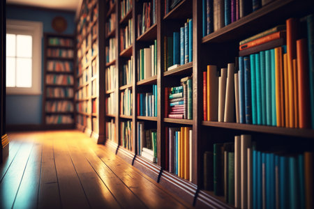 Bookshelf filled with lots of books sitting on top of wooden floor. Generative AI.の素材