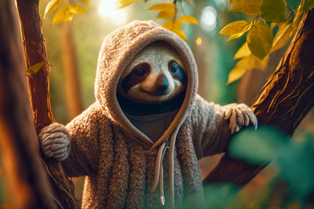 Slotty is wearing robe and holding onto tree branch in forest. Generative AI.の素材