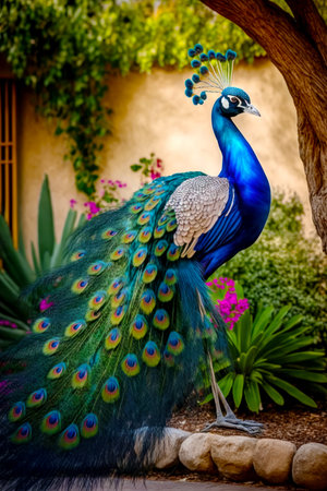 Peacock standing next to tree in front of building with lots of flowers. Generative AI.の素材
