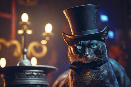 Black cat wearing top hat and bow tie with candle in the background. Generative AI.の素材
