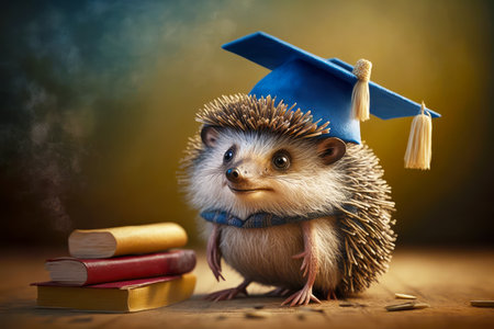 Hedgehog with graduation cap on it's head sitting next to pile of books. Generative AI.の素材
