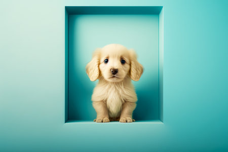 Puppy sitting inside of blue box on blue wall with blue background. Generative AI.の素材