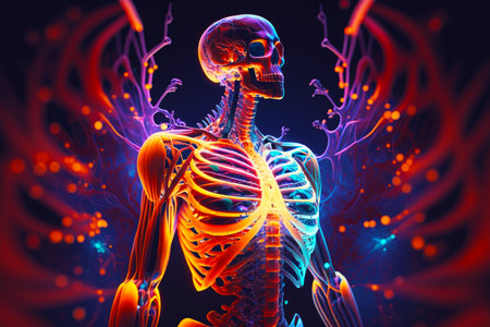 Human skeleton is shown in neon colored image of human body with skeleton in the middle of the image. Generative AI.の素材