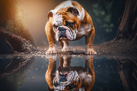 Brown and white dog standing on top of puddle of water next to forest. Generative AI.の素材