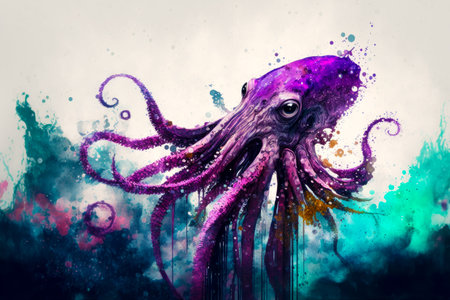Image of purple octopus floating in the water with bubbles and bubbles around it. Generative AI.の素材