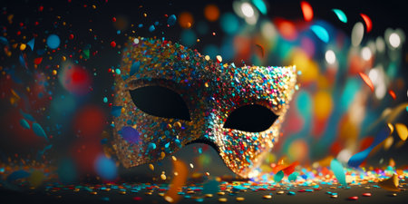 Close up of carnival mask with confetti on the side of it. Generative AI.の素材