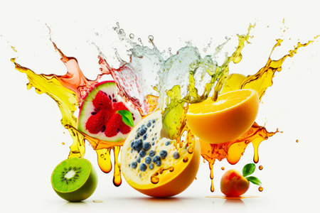 Bunch of fruit that are next to each other with water splashing on them. Generative AI.の素材