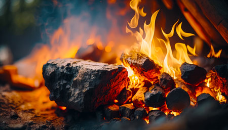 Close up of fire burning in fireplace with rocks and flames in the background. Generative AI.の素材
