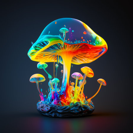 Group of colorful mushrooms on black background with rainbow light in the middle. Generative AI.の素材