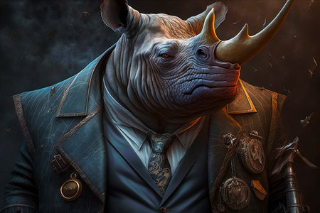 Man in suit and tie with rhino's head on his shoulder. Generative AI.の素材