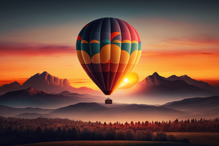 Hot air balloon flying over mountains at sunset. Generative AI.の素材