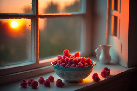 Bowl full of raspberries sitting on table in front of window. Generative AI.の素材