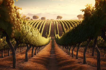 An image of vineyard at sunset. Generative AI.の素材