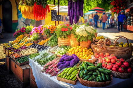 Vegetables are displayed on table at an outdoor market. Generative AI.の素材
