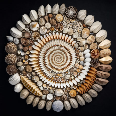 Circular arrangement of shells on black background. Generative AI.の素材