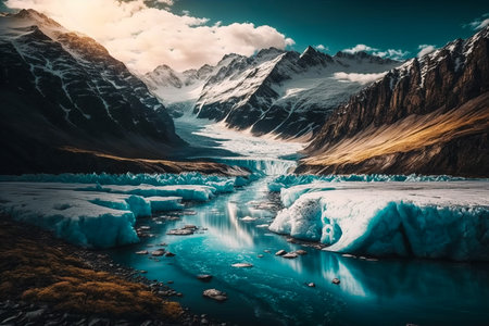 An image of glacier in the mountains. Generative AI.の素材