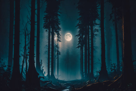 Dark forest with full moon in the background. Generative AI.の素材