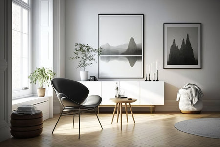 Living room with black and white pictures on the wall. Generative AI.の素材